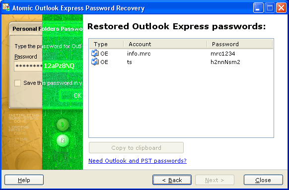 Atomic Outlook Express Password Recovery Screenshot